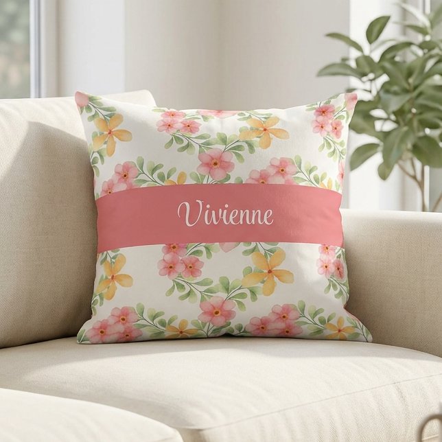 Coussin Monogramme Fleur Sauvage Aquarelle Rose Vert Nom (Pink Green Watercolor Wildflower Monogram Name Throw Pillow)