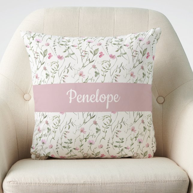 Coussin Monogramme Fleur Sauvage Aquarelle Rose Vert Nom (Créateur téléchargé)