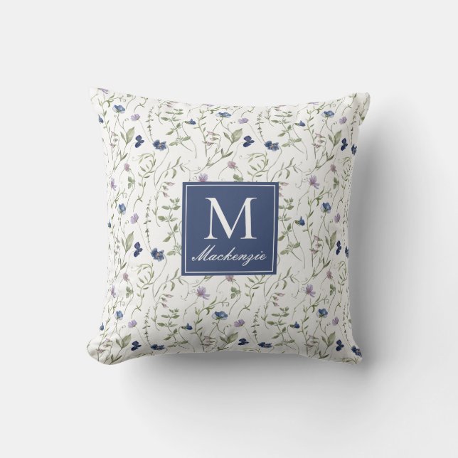 Coussin Monogramme Fleur Sauvage Aquarelle Violet Bleu Nom (Recto)