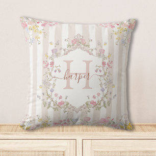 Coussin Monogramme Fleurs Colorées Rococo Rayures Personna