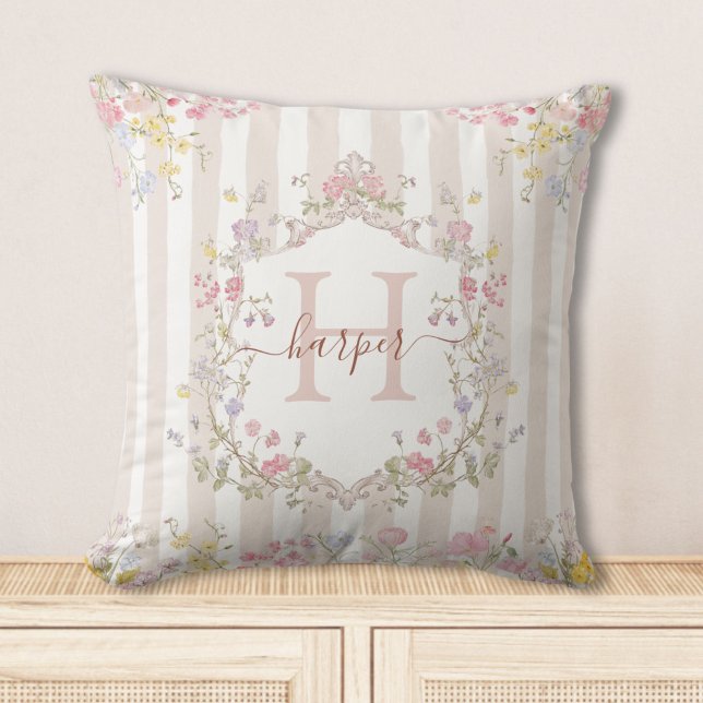 Coussin Monogramme Fleurs Colorées Rococo Rayures Personna (Créateur téléchargé)