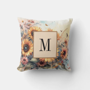 Coussin Monogramme Fleurs de chute et fleurs de soleil aqu
