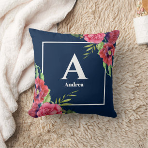 Coussin Monogramme Fleurs rouges et roses Bleu foncé Marin