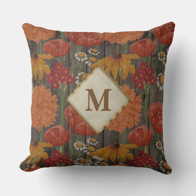 Coussin Monogramme Fleurs Rouges Orange et Marguerites Boi (Recto)