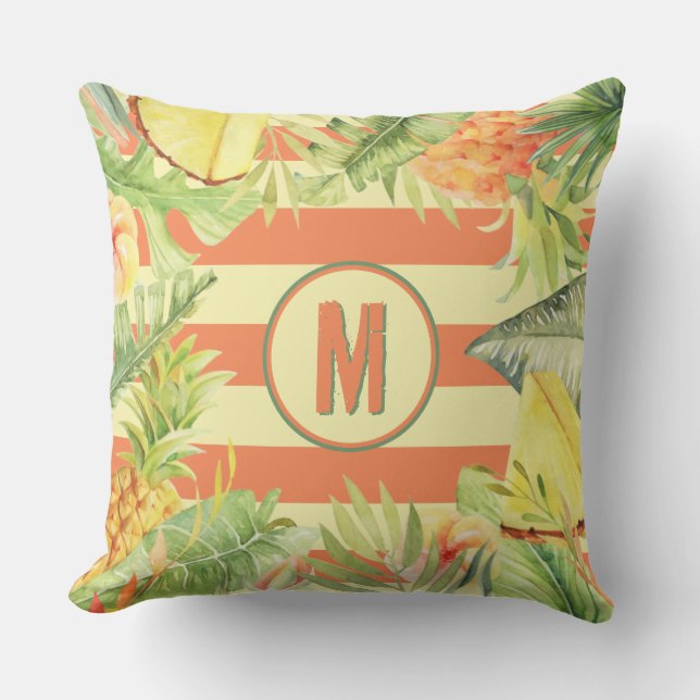 Coussin Monogramme Fleurs tropicales sur bandes (Recto)