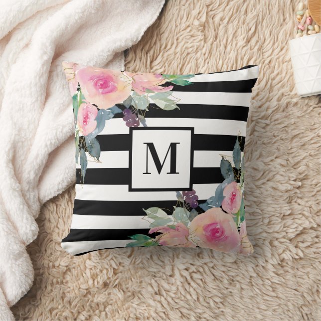 Coussin Monogramme floral aquarelle rose et rayure noir et (Couverture)
