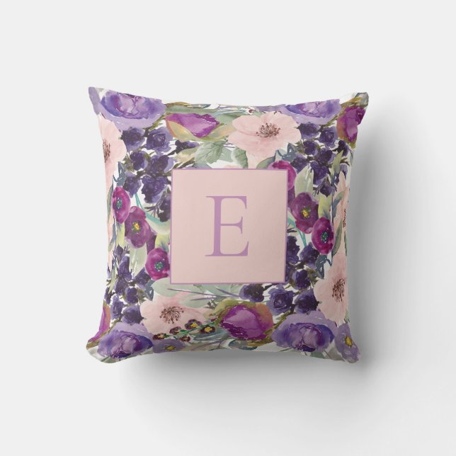 Coussin Monogramme floral aquarelle rose violet vert sauge (Recto)