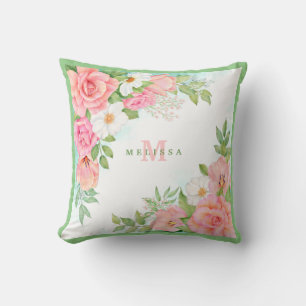 Coussin Monogramme floral aquarelle verdure rose