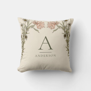 Coussin Monogramme floral aquarelle vintage rose