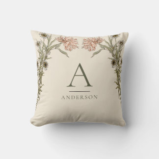 Coussin Monogramme floral aquarelle vintage rose