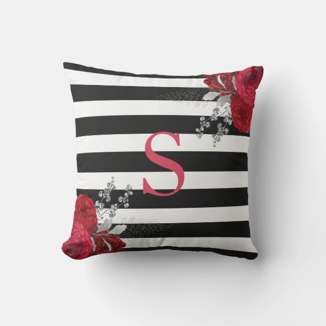 Coussin Monogramme floral argent rouge Rayures noires et b (Recto)