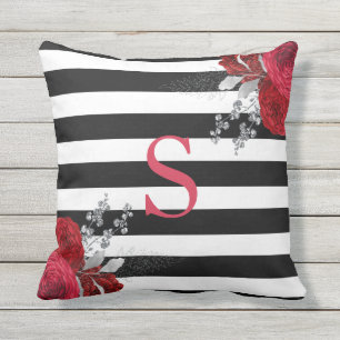 Coussin Monogramme floral argenté rouge Blancs noirs