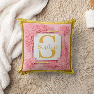 Coussin Monogramme Floral Art Nom Personnalisé Rose & Or 3