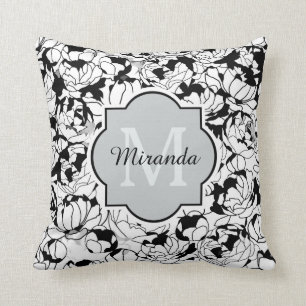 Coussin Monogramme Floral Blanc Noir Moderne Avec Nom