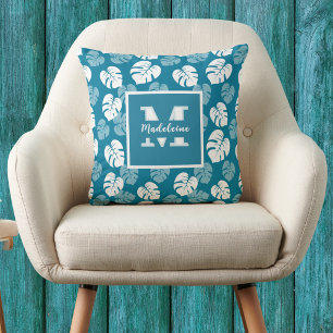 Coussin Monogramme floral blanc sarcelle feuille tropicale