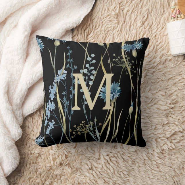 Coussin Monogramme Floral Bleu et Or sur Noir (Couverture)