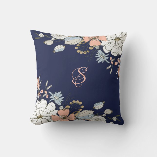 Coussin Monogramme floral bleu rose bleu marine Personnali (Recto)