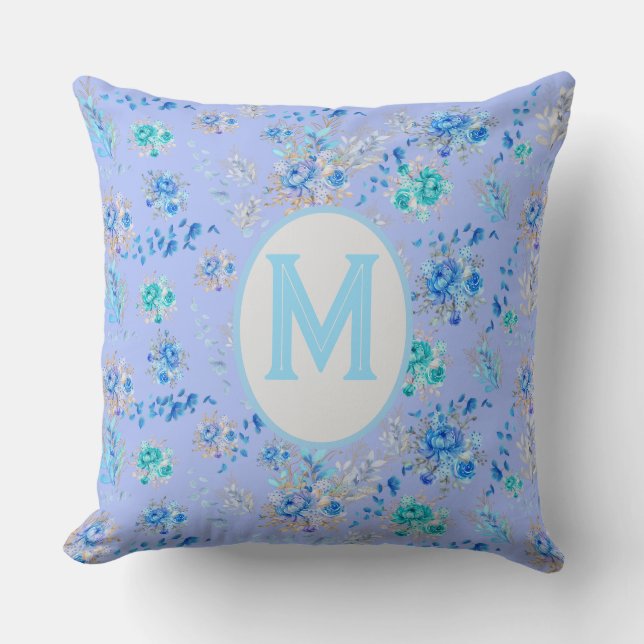 Coussin Monogramme floral bleu vintage (Recto)