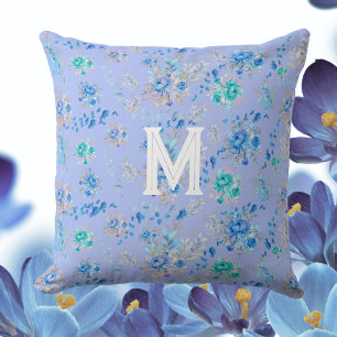 Coussin Monogramme floral bleu vintage
