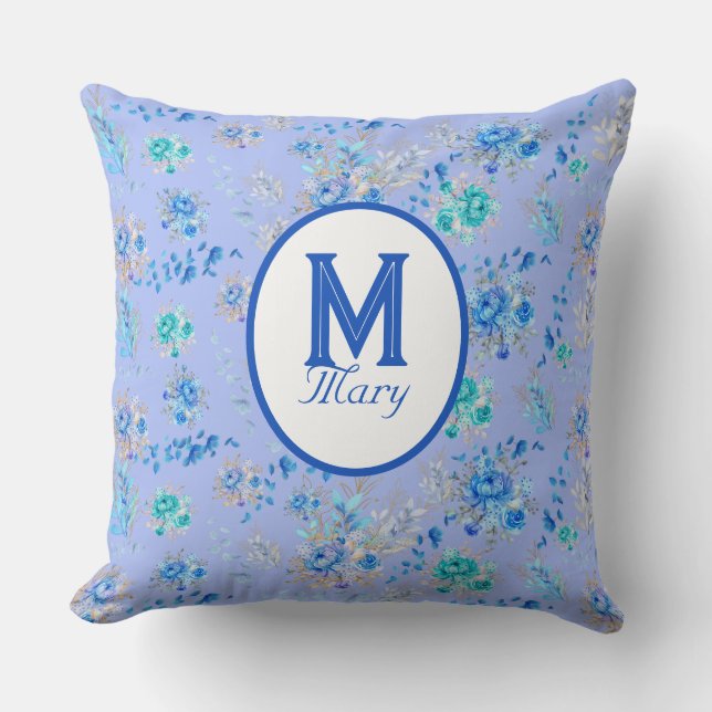 Coussin Monogramme floral bleu vintage (Recto)