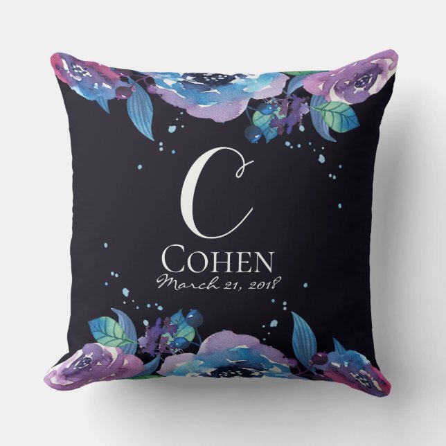 Coussin Monogramme floral bleu violet lunatique (Recto)