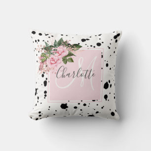 Coussin monogramme floral brillant rose rose noire