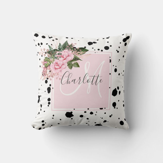 Coussin monogramme floral brillant rose rose noire (Recto)