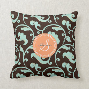 Coussin Monogramme floral brun girly élégant de motif