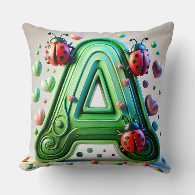 Coussin 🌸 Monogramme floral coccinelle lettre A (Recto)