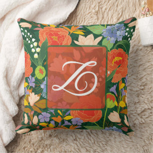 Coussin Monogramme floral de jungle vibrant personnalisé
