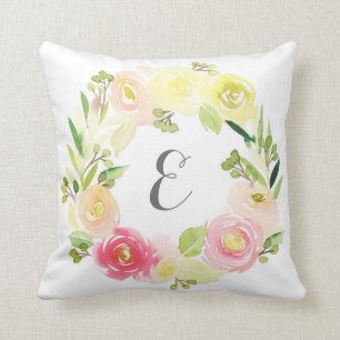 Coussin Monogramme floral de la guirlande d'aquarelle