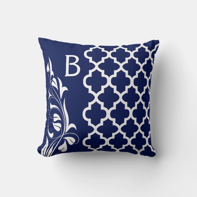 Coussin Monogramme floral de la marine Blue & White Quatre (Recto)