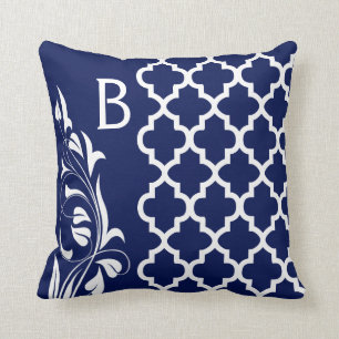 Coussin Monogramme floral de la marine Blue & White Quatre