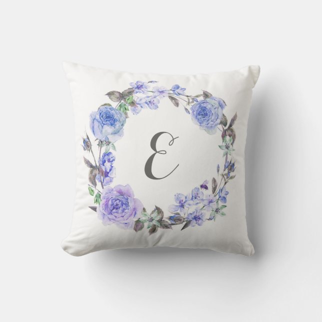 Coussin Monogramme floral de l'aquarelle pourpre en pastel (Recto)