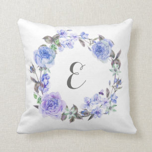 Coussin Monogramme floral de l'aquarelle pourpre en pastel