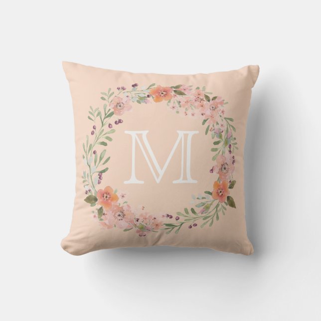 Coussin Monogramme floral de pêche romantique (Recto)