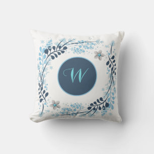 Coussin Monogramme floral d'hiver bleu