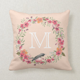 Coussin Monogramme floral d'oléandre de rose romantique