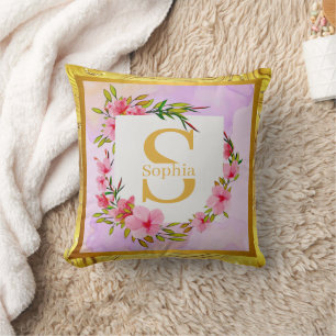 Coussin Monogramme Floral Doré Élégant I Nom Personnalisé