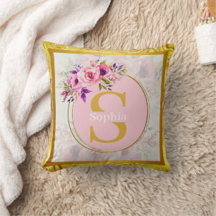 Coussin Monogramme Floral Doré Élégant I Nom Personnalisé
