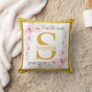 Coussin Monogramme Floral Doré Élégant I Nom Personnalisé