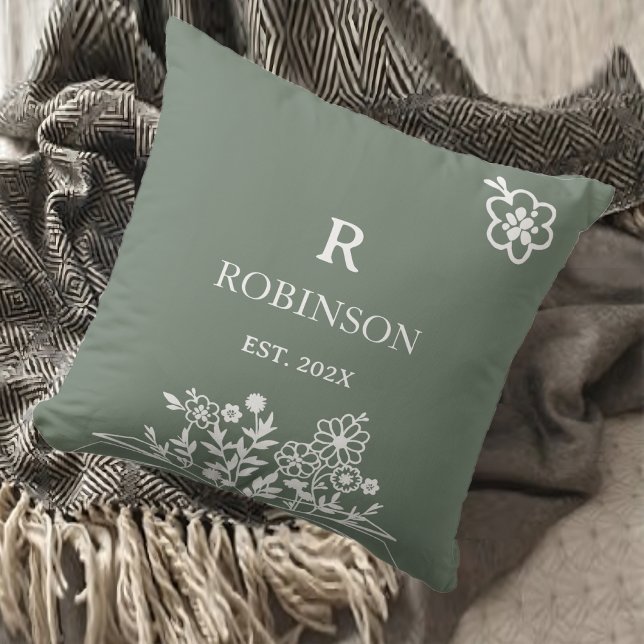 Coussin Monogramme floral doux sarcelle initiale personnal (Floral Monogram Soft Teal Custom Initial Throw Pillow)