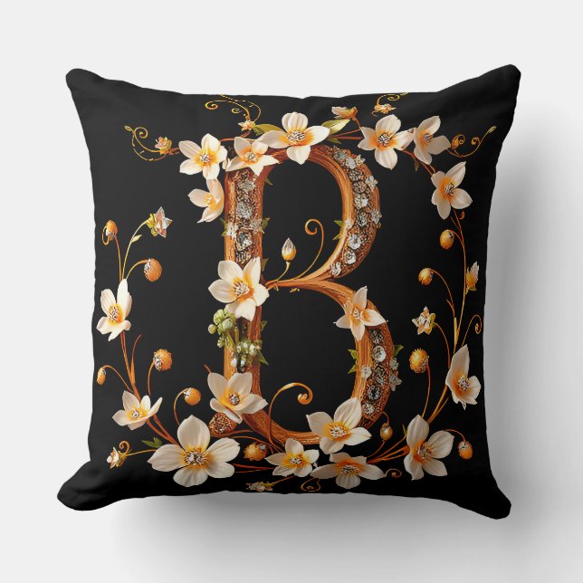 Coussin Monogramme floral élégant B avec design complexe (Recto)