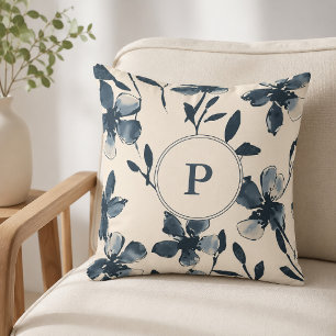 Coussin Monogramme Floral Élégant Bleu Aquarelle Crème
