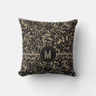Coussin Monogramme Floral Élégant Noir Argent