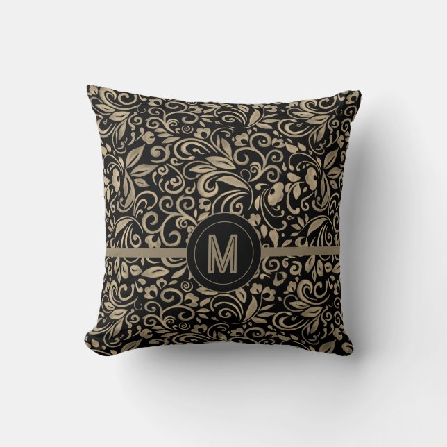 Coussin Monogramme Floral Élégant Noir Argent (Recto)