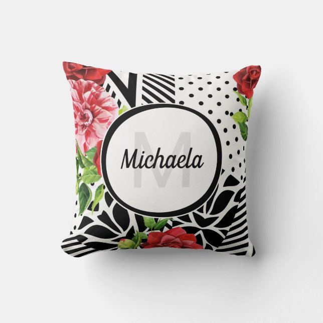 Coussin Monogramme floral géométrique rouge (Recto)
