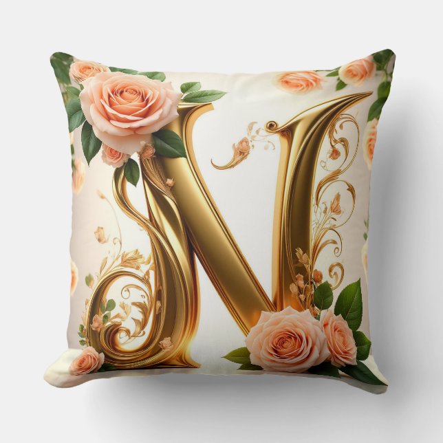 Coussin 🌷 Monogramme Floral N Décor Abricot 🌼 (Recto)