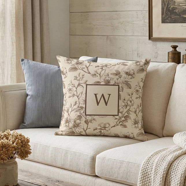 Coussin Monogramme Floral Neutre Vintage  (Créateur téléchargé)
