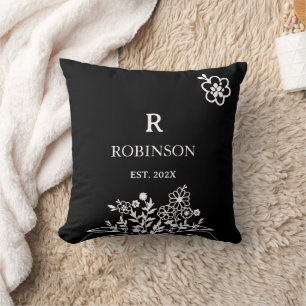 Coussin Monogramme floral noir et blanc initiale personnal